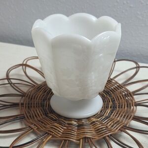Vintage E.O. Brody Co White Milk Glass Foot Planter Grape & Leaf Scalloped Rim